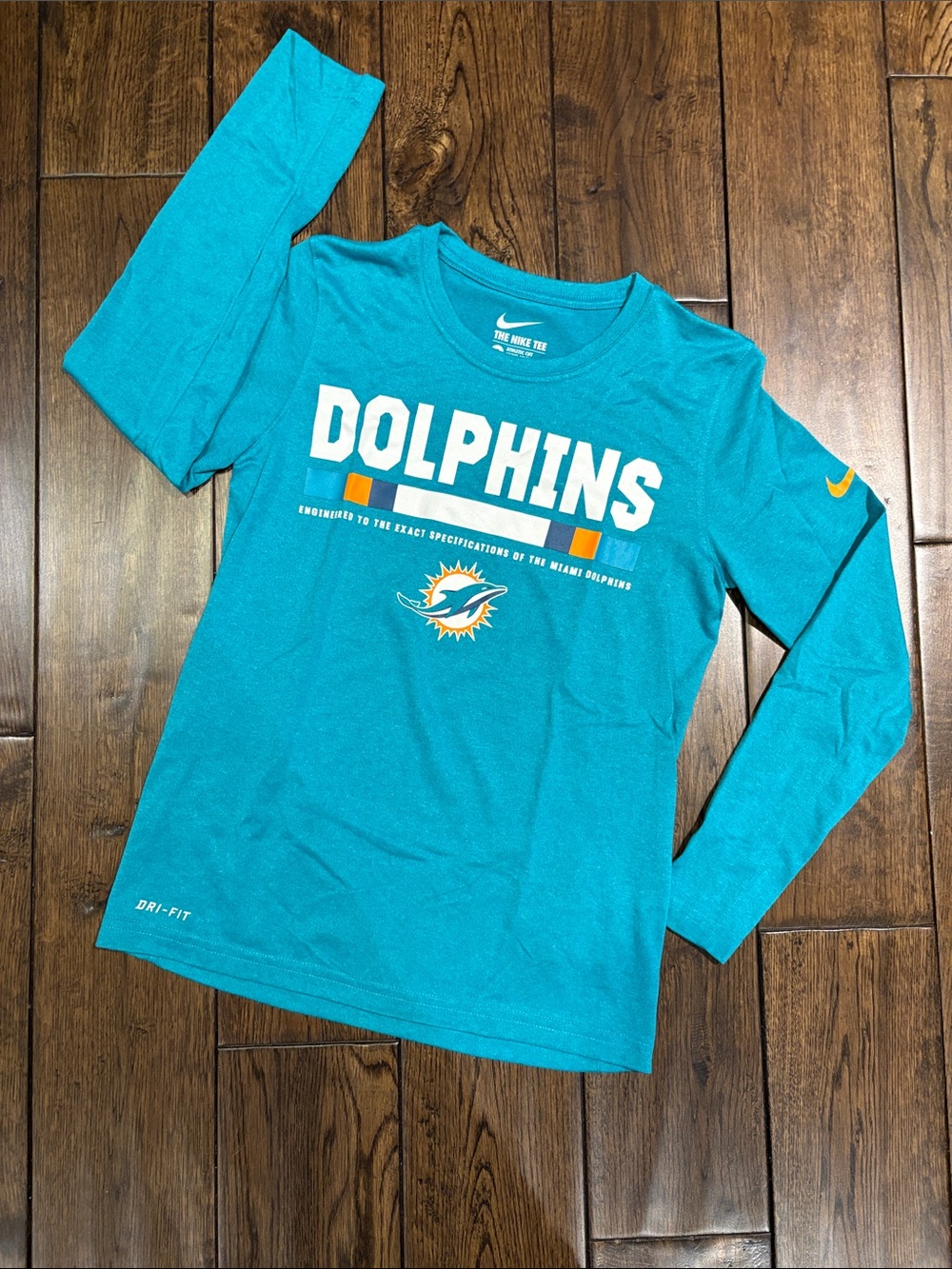 Nike Teal Miami Dolphins Long Sleeve Shirt with White & Orange Accents
